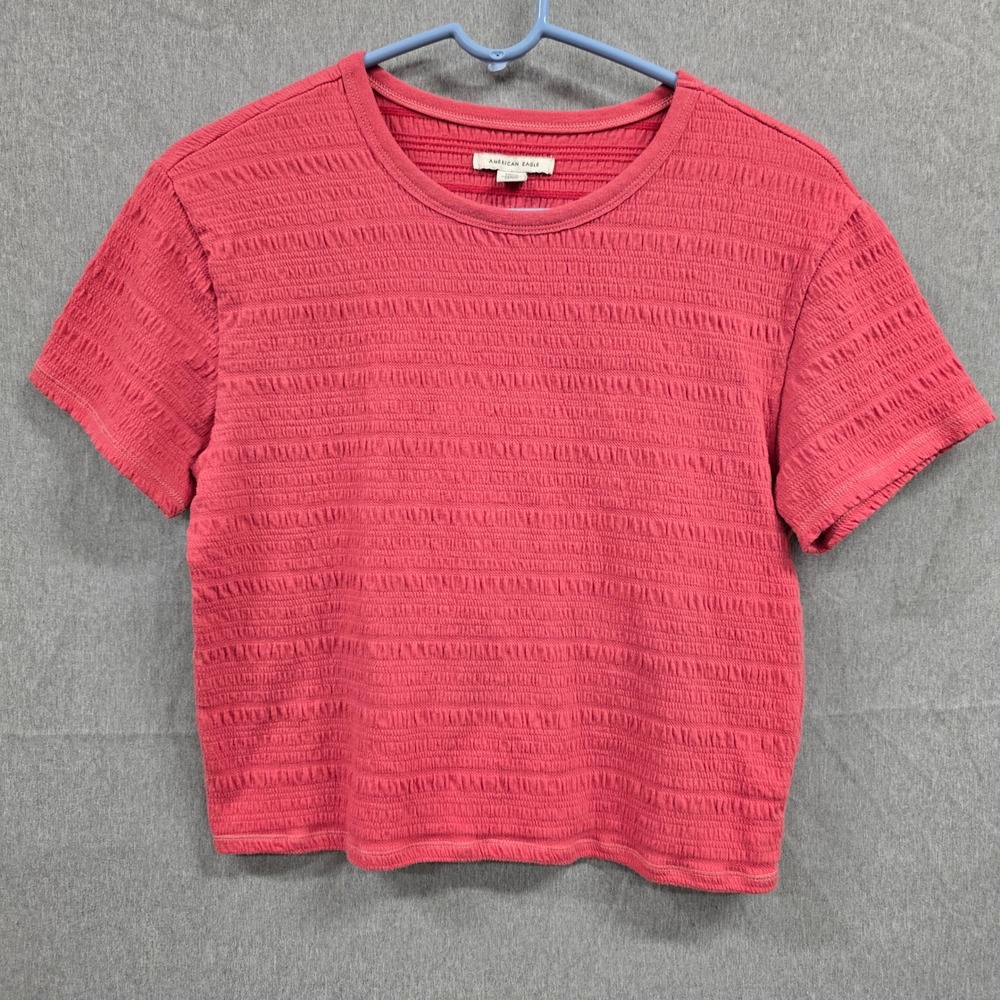 Americanβ Eagle Smocked Textured Short Sleeve Top Coral Pink Crew Neck Small